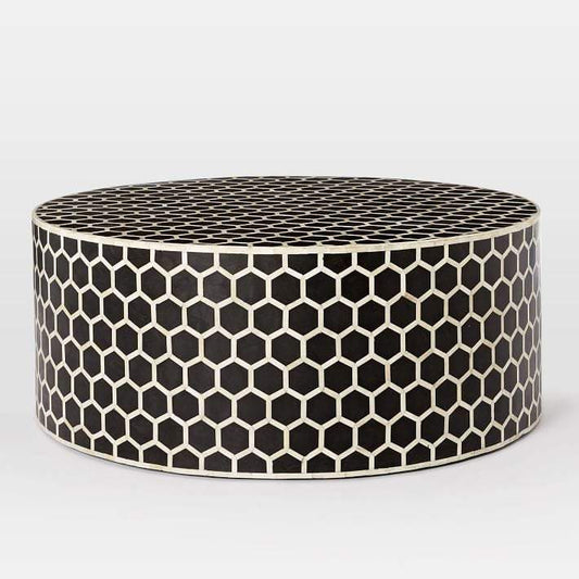 Bone Inlaid Round Coffee Table Honeycomb Black