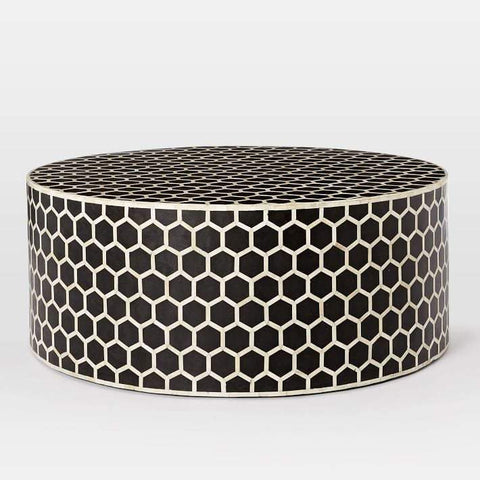 Bone Inlaid Round Coffee Table Honeycomb Black