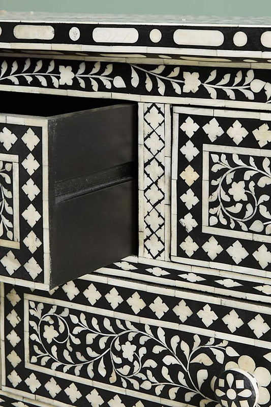 Bone Inlay Floral Chest of 7 Drawers Black