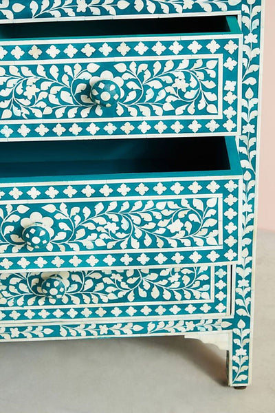 Bone Inlay Floral Chest of 7 Drawers Teal Green