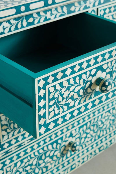 Bone Inlay Floral Chest of 7 Drawers Teal Green