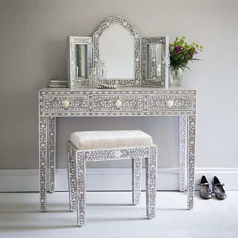 Mother of Pearl Inlay Vanity Console Mirror Stool Set Grey