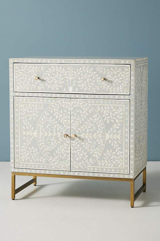 Scroll Vine Bone Inlay Entryway Cabinet Grey