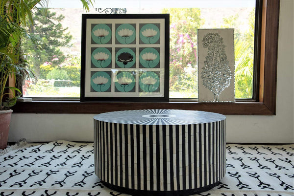 Bone Inlay Stripe Round Coffee Table Black