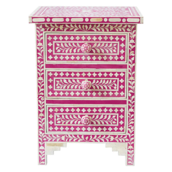 Bone Inlay Floral 3 Drawers Bedside Pink