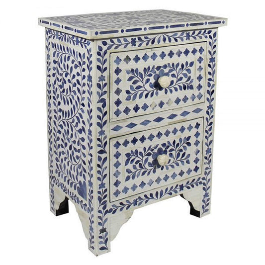 Floral Colored Bone Bedside 2 Drawer Blue