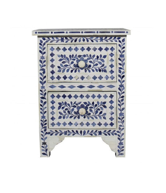 Floral Colored Bone Bedside 2 Drawer Blue