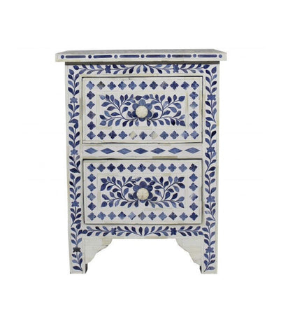 Floral Colored Bone Bedside 2 Drawer Blue