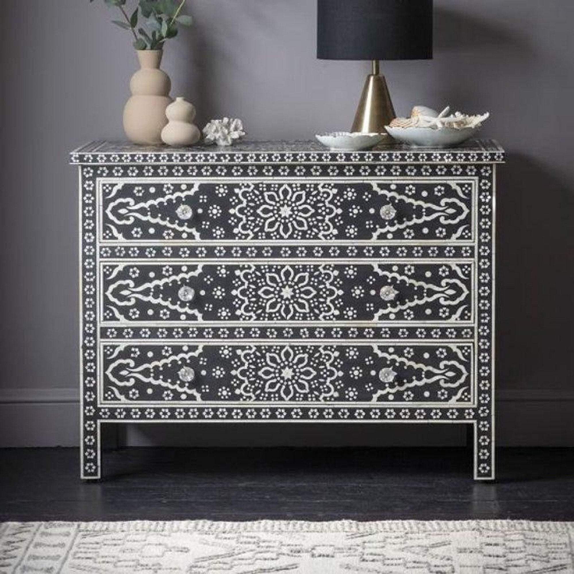 Heritage Bone Inlay Chest of 3 Drawers Black