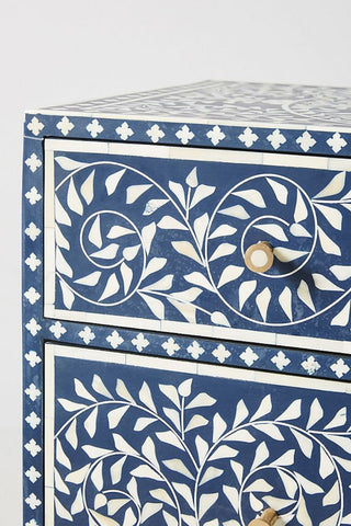 Scroll Vine Bone Inlay 6 Drawer Dresser Blue