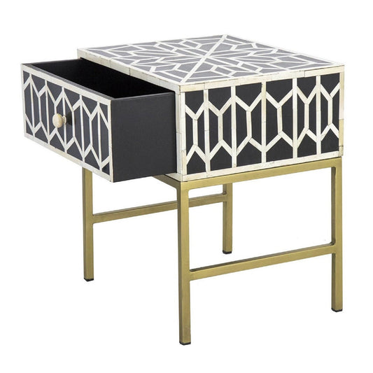 Geometric Bone Inlay Bedside Black 1 Drawer