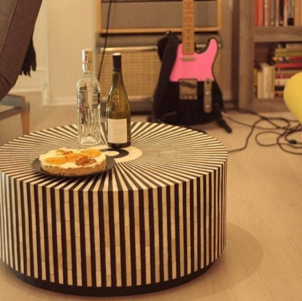 Bone Inlay Stripe Round Coffee Table Black