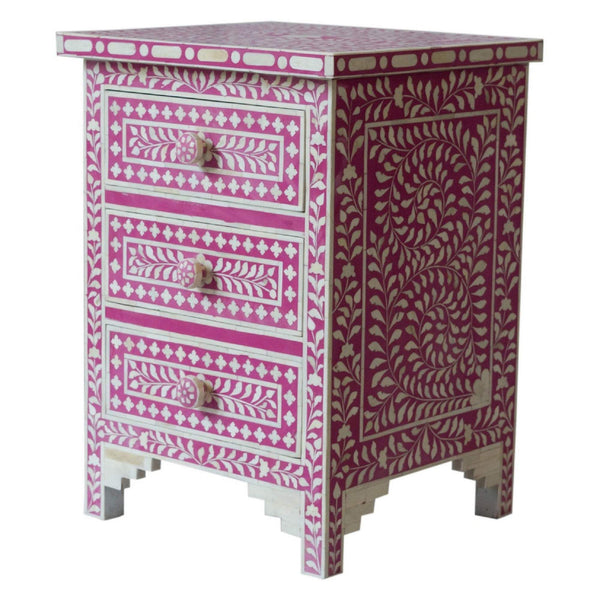 Bone Inlay Floral 3 Drawers Bedside Pink