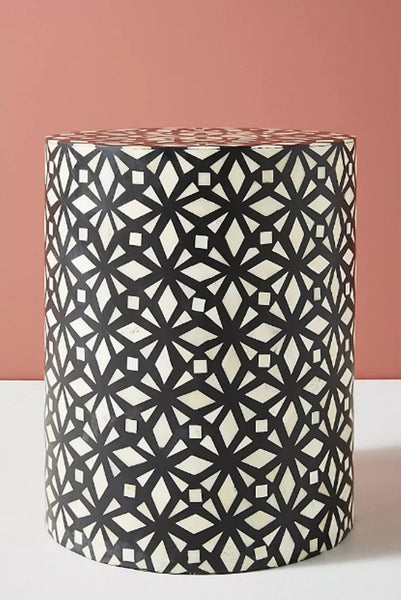 Bone Inlay Diamond Design Round End Table Black