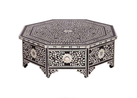 Octagonal Bone Inlay Floral Coffee Table Black With Drawer