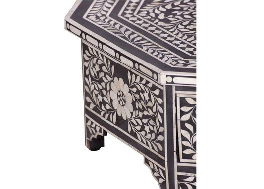 Octagonal Bone Inlay Floral Coffee Table Black With Drawer