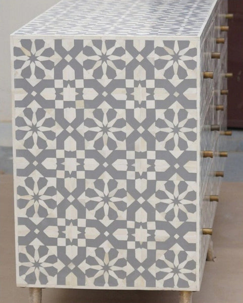 Bone Inlay Moroccan 9 Drawer Chest Grey