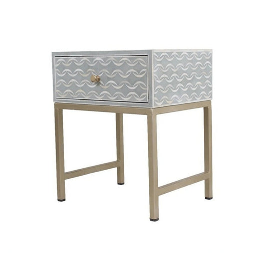Bone Inlay Sea Wave Design Bedside Table Light Grey