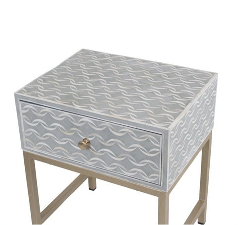 Bone Inlay Sea Wave Design Bedside Table Light Grey
