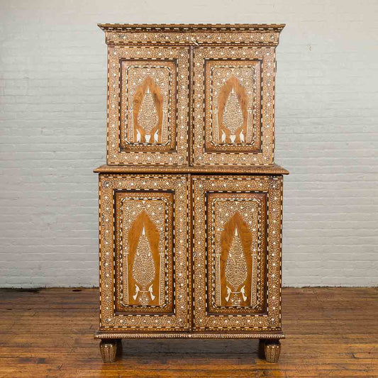 Vintage Anglo Indian Teak Wood Wardrobe Bone Inlaid Cabinet