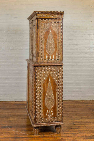 Vintage Anglo Indian Teak Wood Wardrobe Bone Inlaid Cabinet