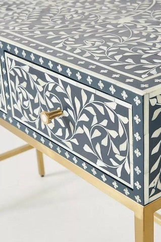 Bone Inlay Scroll vine Design 3 Drawers Console Blue