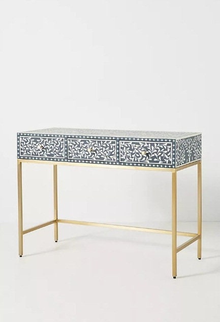 Bone Inlay Scroll vine Design 3 Drawers Console Blue