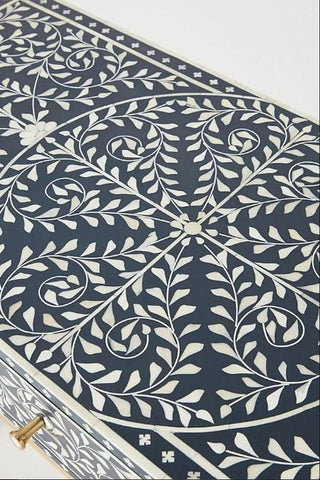 Bone Inlay Scroll vine Design 3 Drawers Console Blue