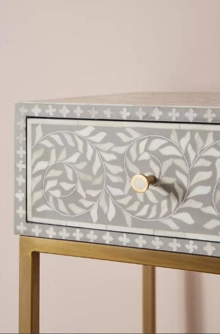 Bone Inlay Scroll vine Design 3 Drawers Console Grey