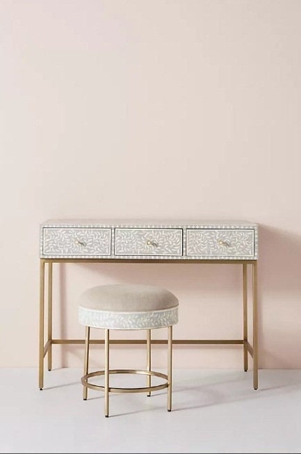 Bone Inlay Scroll Vine Design 3 Drawers Console and Stool Grey