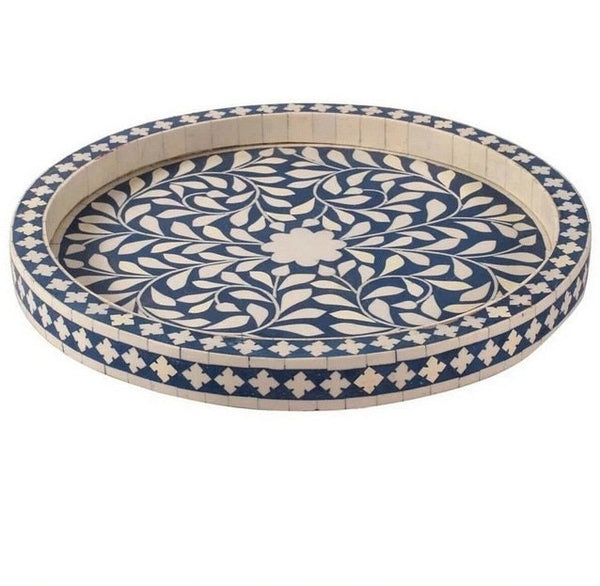 Small Round Bone Inlaid Tray Floral Design Blue