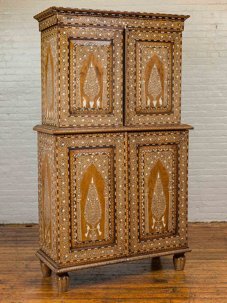 Vintage Anglo Indian Teak Wood Wardrobe Bone Inlaid Cabinet