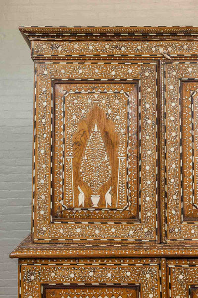 Vintage Anglo Indian Teak Wood Wardrobe Bone Inlaid Cabinet