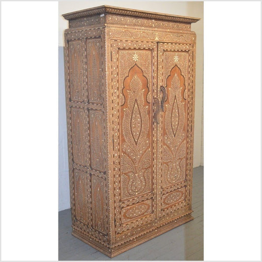 Vintage Anglo Indian Teak Wood Wardrobe Bone Inlaid Almirah