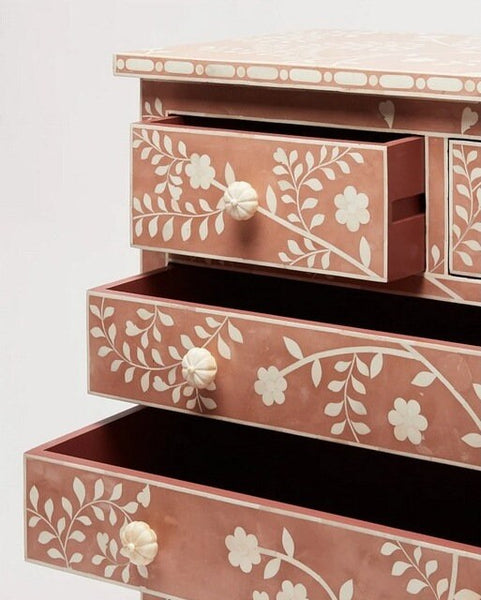 Bone Inlay Modern Floral Chest of Drawers Terracotta