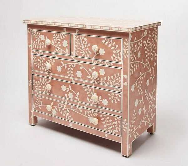 Bone Inlay Modern Floral Chest of Drawers Terracotta