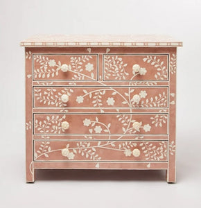 Bone Inlay Modern Floral Chest of Drawers Terracotta