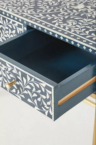 Bone Inlay Scroll vine Design 3 Drawers Console Blue