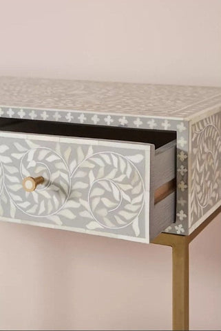 Bone Inlay Scroll vine Design 3 Drawers Console Grey