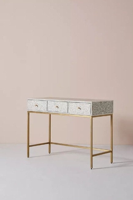 Bone Inlay Scroll Vine Design 3 Drawers Console and Stool Grey