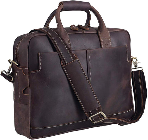 Genuine Full Grain Leather Men's 16 Inch Laptop Briefcase Messenger Bag Tote Satchel Bag with YKK Metal Zippers
