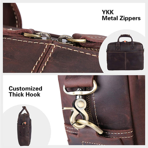 Genuine Full Grain Leather Men's 16 Inch Laptop Briefcase Messenger Bag Tote Satchel Bag with YKK Metal Zippers