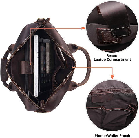 Genuine Full Grain Leather Men's 16 Inch Laptop Briefcase Messenger Bag Tote Satchel Bag with YKK Metal Zippers