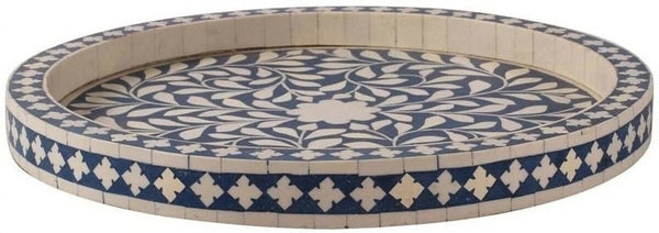 Small Round Bone Inlaid Tray Floral Design Blue