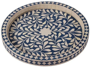 Small Round Bone Inlaid Tray Floral Design Blue