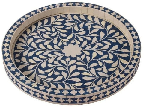 Small Round Bone Inlaid Tray Floral Design Blue