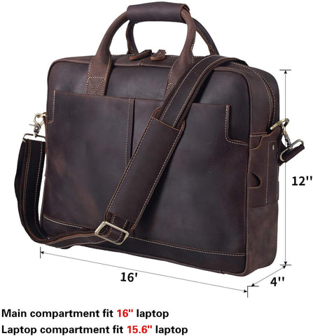 Genuine Full Grain Leather Men's 16 Inch Laptop Briefcase Messenger Bag Tote Satchel Bag with YKK Metal Zippers