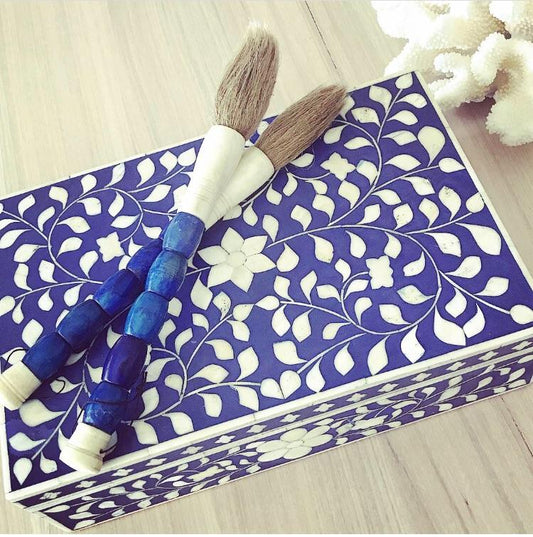 Bone Inlay Box Floral Design Light Indigo