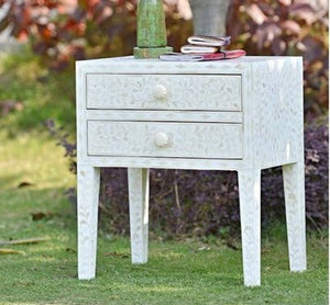 White Bone Inlay 2 Drawer Bedside Table Long Leg