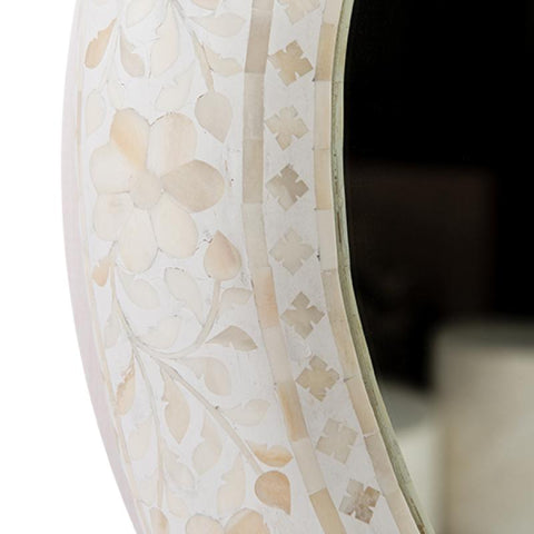 Floral Bone Inlay Round Mirror White